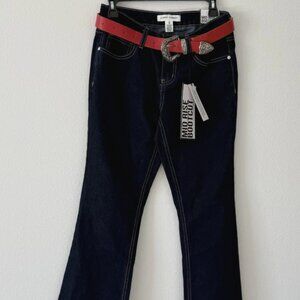 Almost Famous Bootcut Jeans Juniors 3 Dark Wash Mid Rise Red Belt NWT